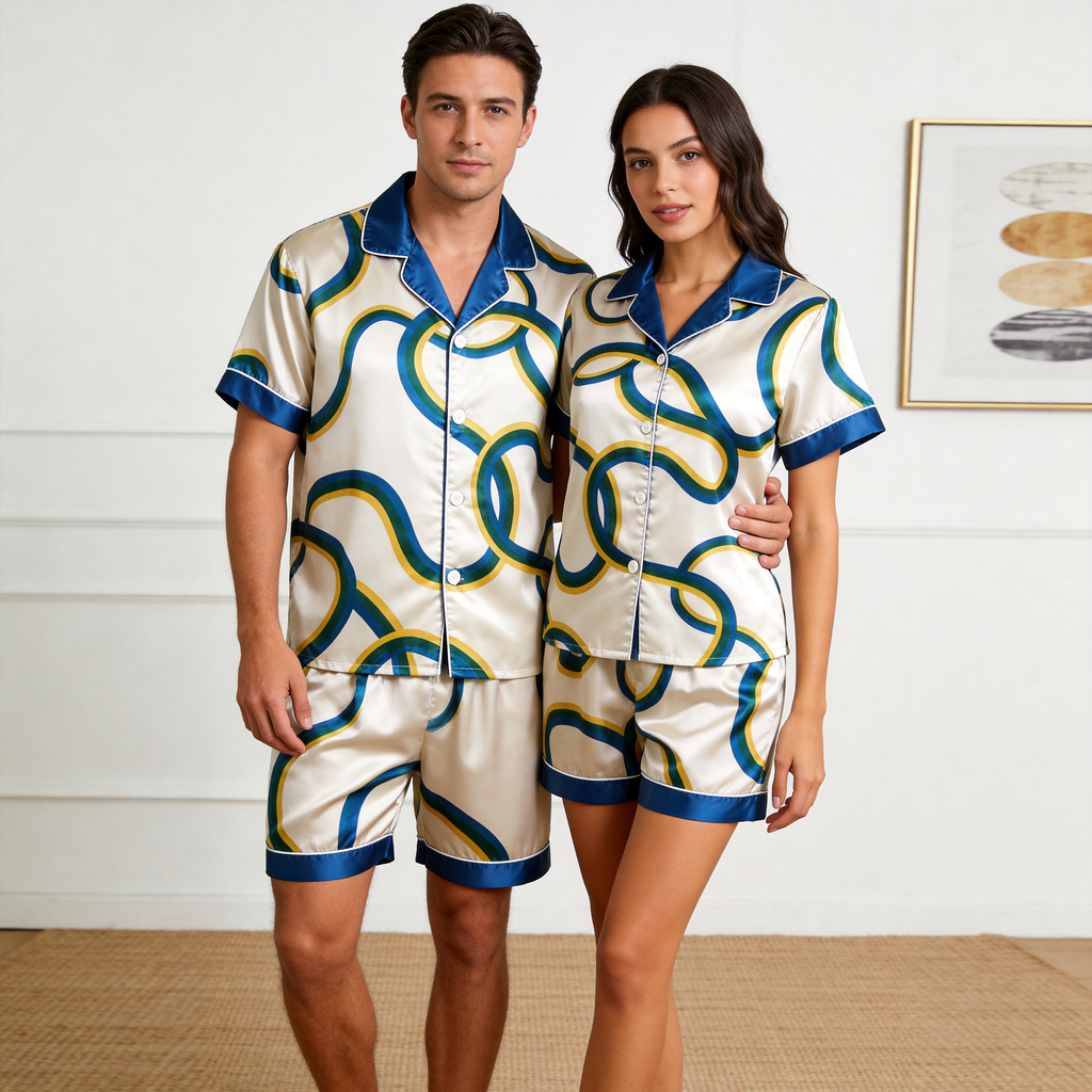 Line Art Design Satin Sleepwear ¨C Understated Luxury Couple Set