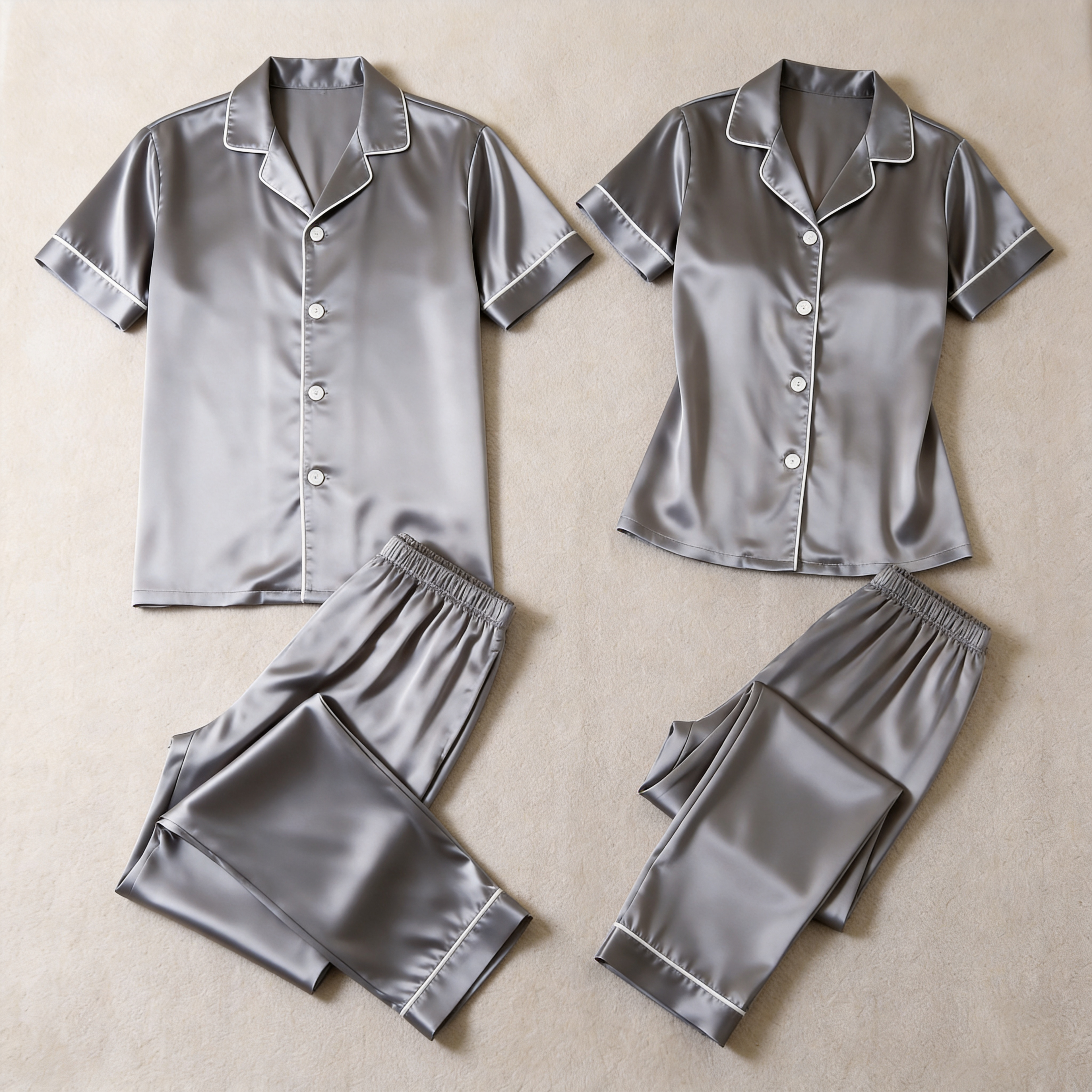 Solid BabyBlue Satin Long Sleeve Couple Button-Down Pajamas