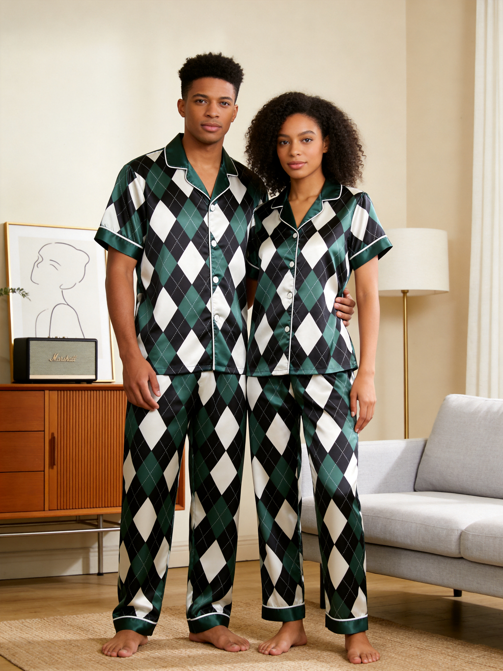 Blue Argyle Satin Matching Pajamas for Couples – Long Sleeve Button-Down Top & Pants Sleepwear Set