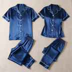 Solid Grey Satin Long Sleeve Couple Button-Down Pajamas