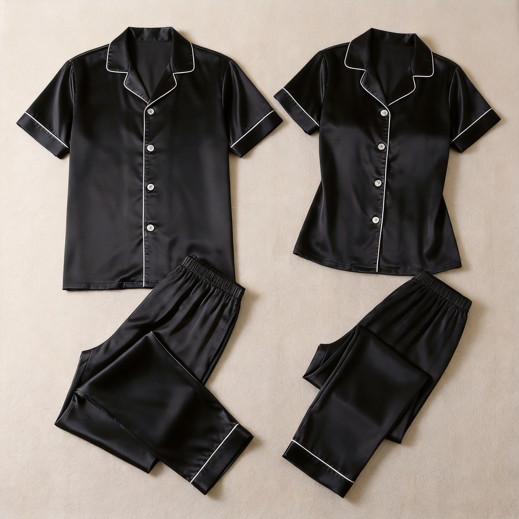 Solid Satin Long Sleeve Couple Button-Down Pajamas