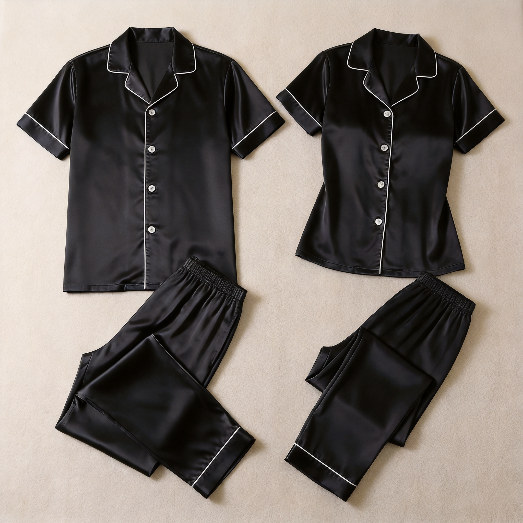 Solid Satin Long Sleeve Couple Button-Down Pajamas