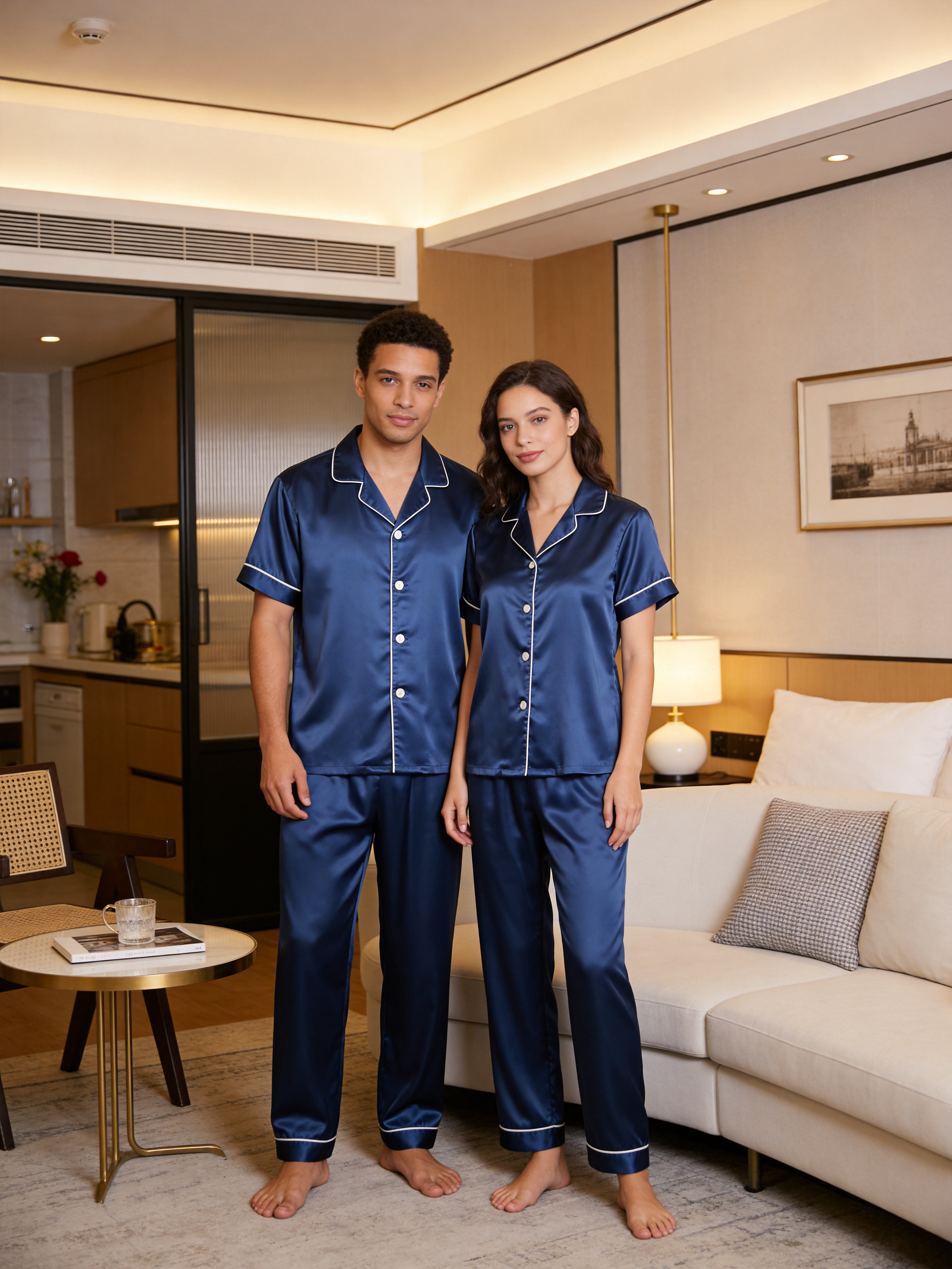 Solid Satin Long Sleeve Couple Button-Down Pajamas