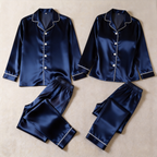 Solid Chocolate Satin Long Sleeve Couple Button-Down Pajamas