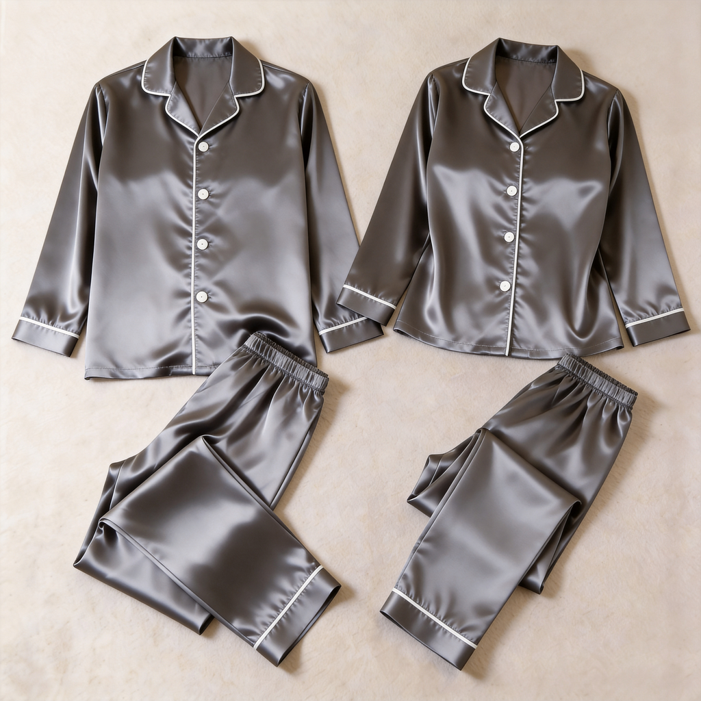 Solid Navy Satin Long Sleeve Couple Button-Down Pajamas