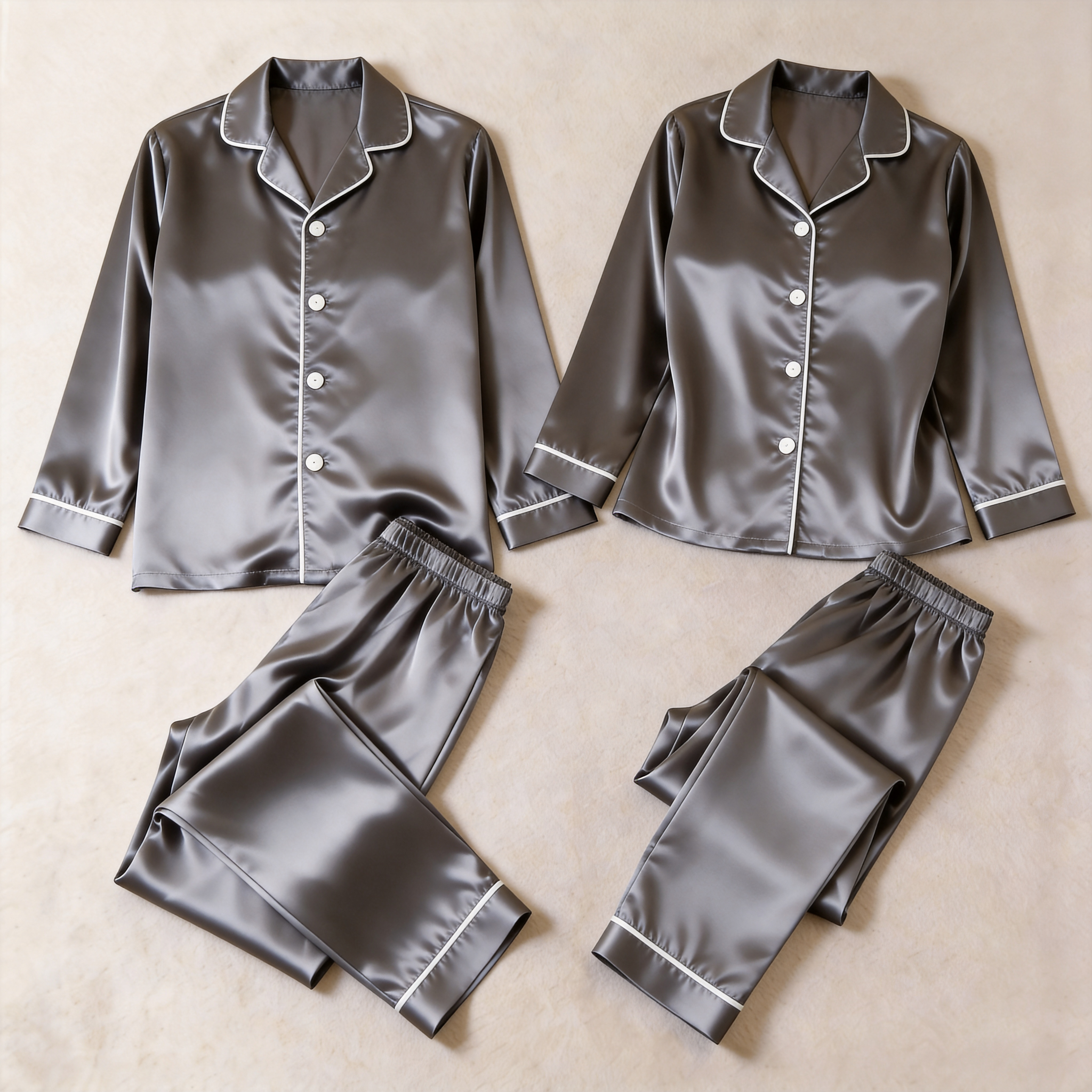 Solid Satin Long Sleeve Couple Button-Down Pajamas