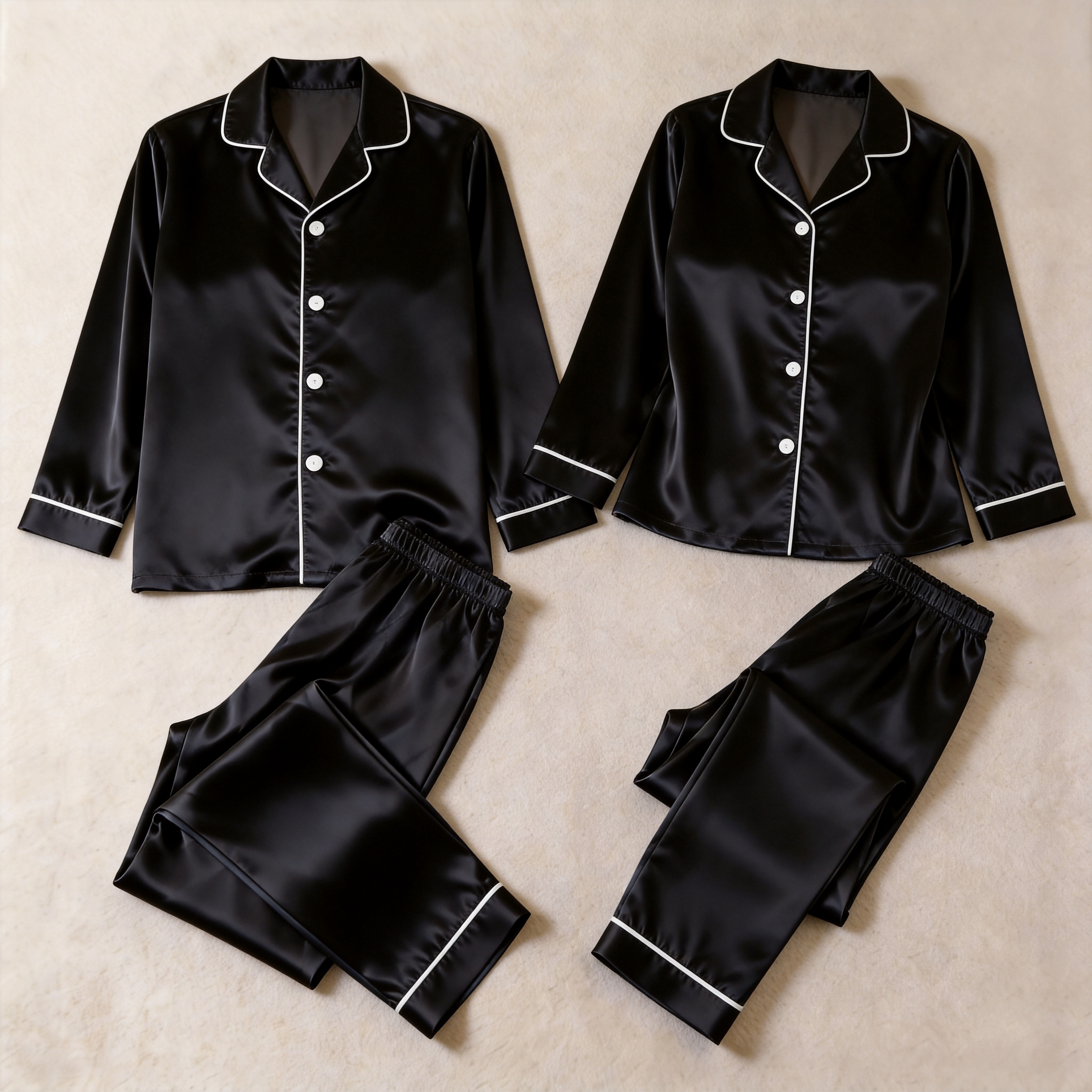 Solid Satin Long Sleeve Couple Button-Down Pajamas