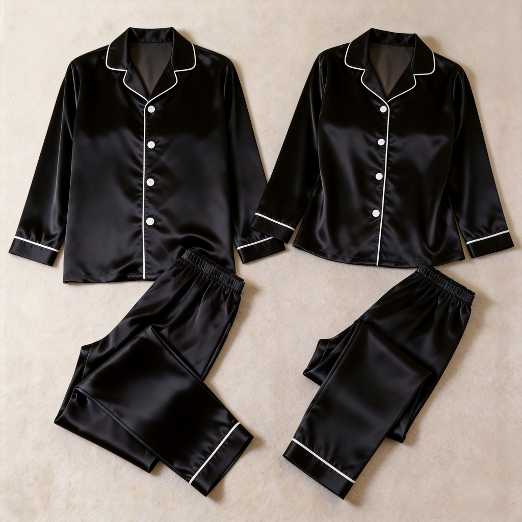 Solid Grey Satin Long Sleeve Couple Button-Down Pajamas