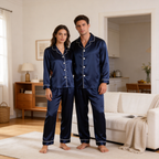 Solid Navy Satin Long Sleeve Couple Button-Down Pajamas