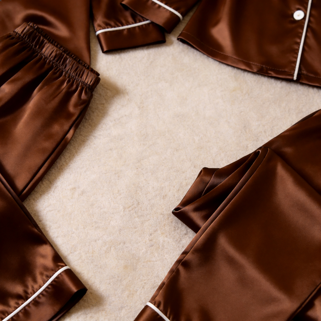 Solid Chocolate Satin Long Sleeve Couple Button-Down Pajamas