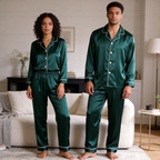 Solid Satin Long Sleeve Couple Button-Down Pajamas