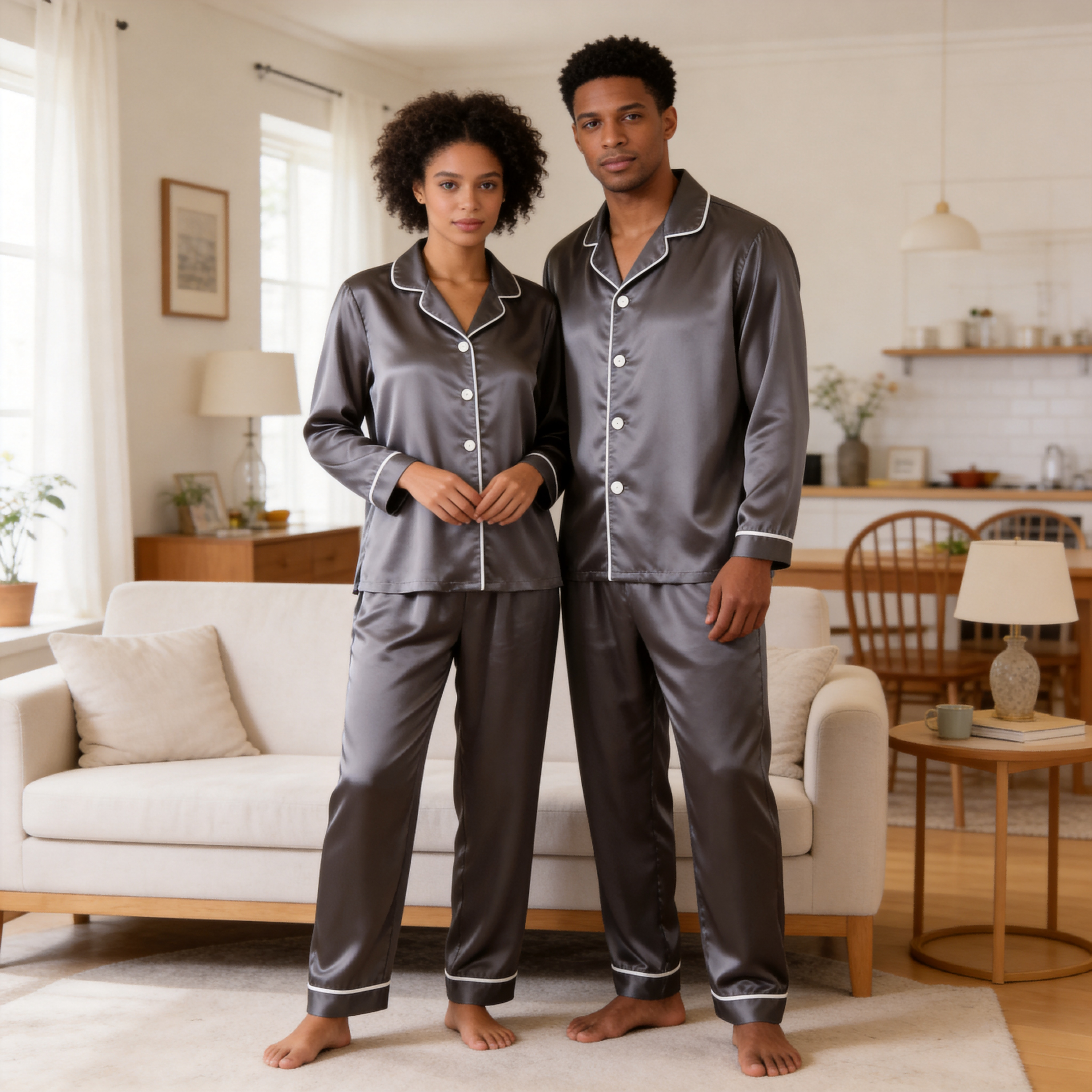 Solid Navy Satin Long Sleeve Couple Button-Down Pajamas