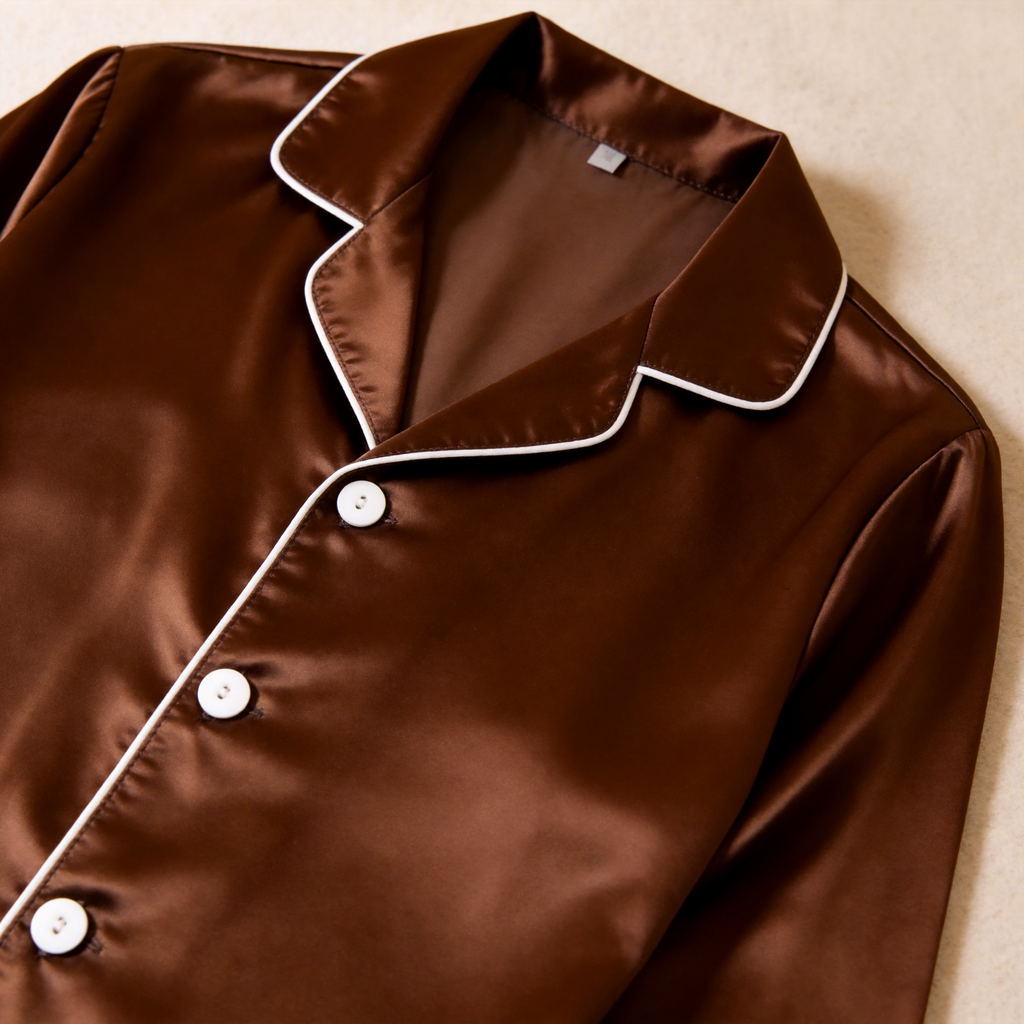 Solid Chocolate Satin Long Sleeve Couple Button-Down Pajamas