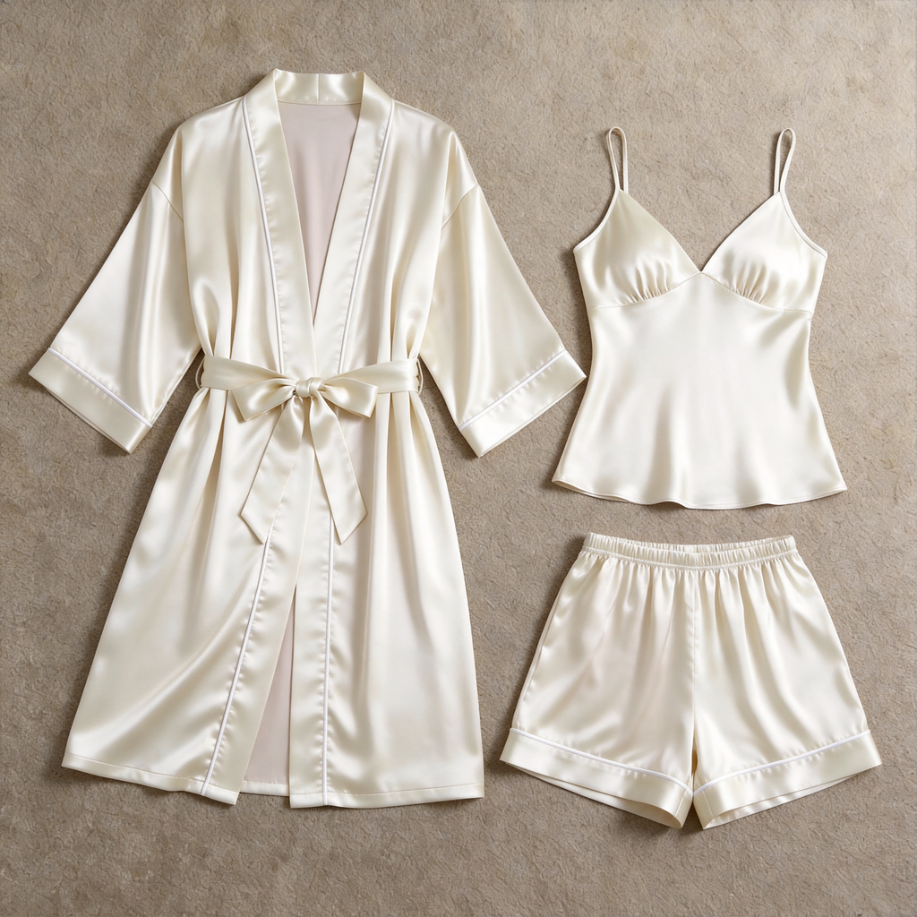Solid Pearl White Satin 3-Piece Sleepwear Set for Women - Robe, Camisole & Shorts