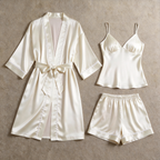 Solid Pearl White Satin 3-Piece Sleepwear Set for Women - Robe, Camisole & Shorts