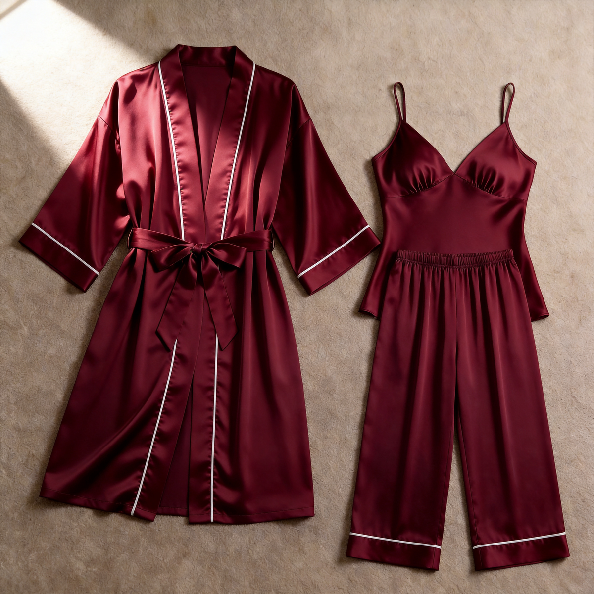 Solid Sage Green Silky Satin Sleepwear Set - Women's Cozy Camisole, Long Pants & Matching Robe