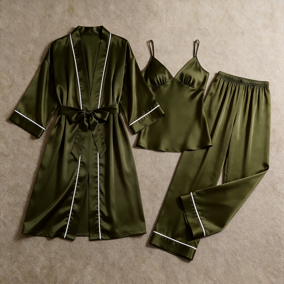 Women Solid Champagne Silky Satin Sleepwear Set - Cozy Camisole, Long Pants & Matching Robe