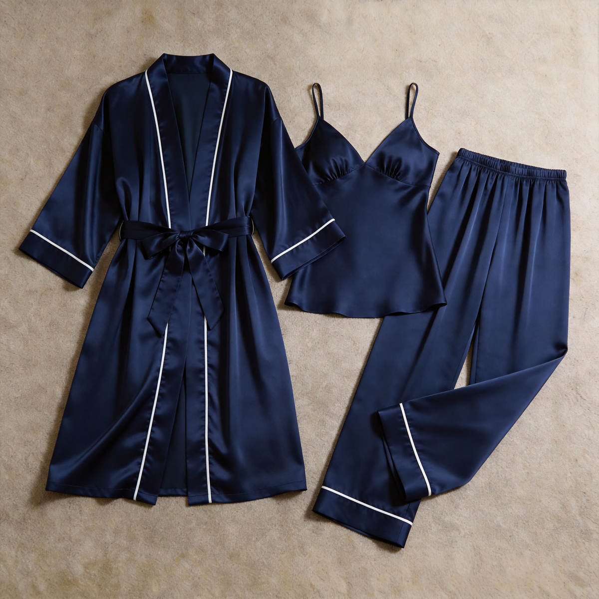 Women Solid Champagne Silky Satin Sleepwear Set - Cozy Camisole, Long Pants & Matching Robe
