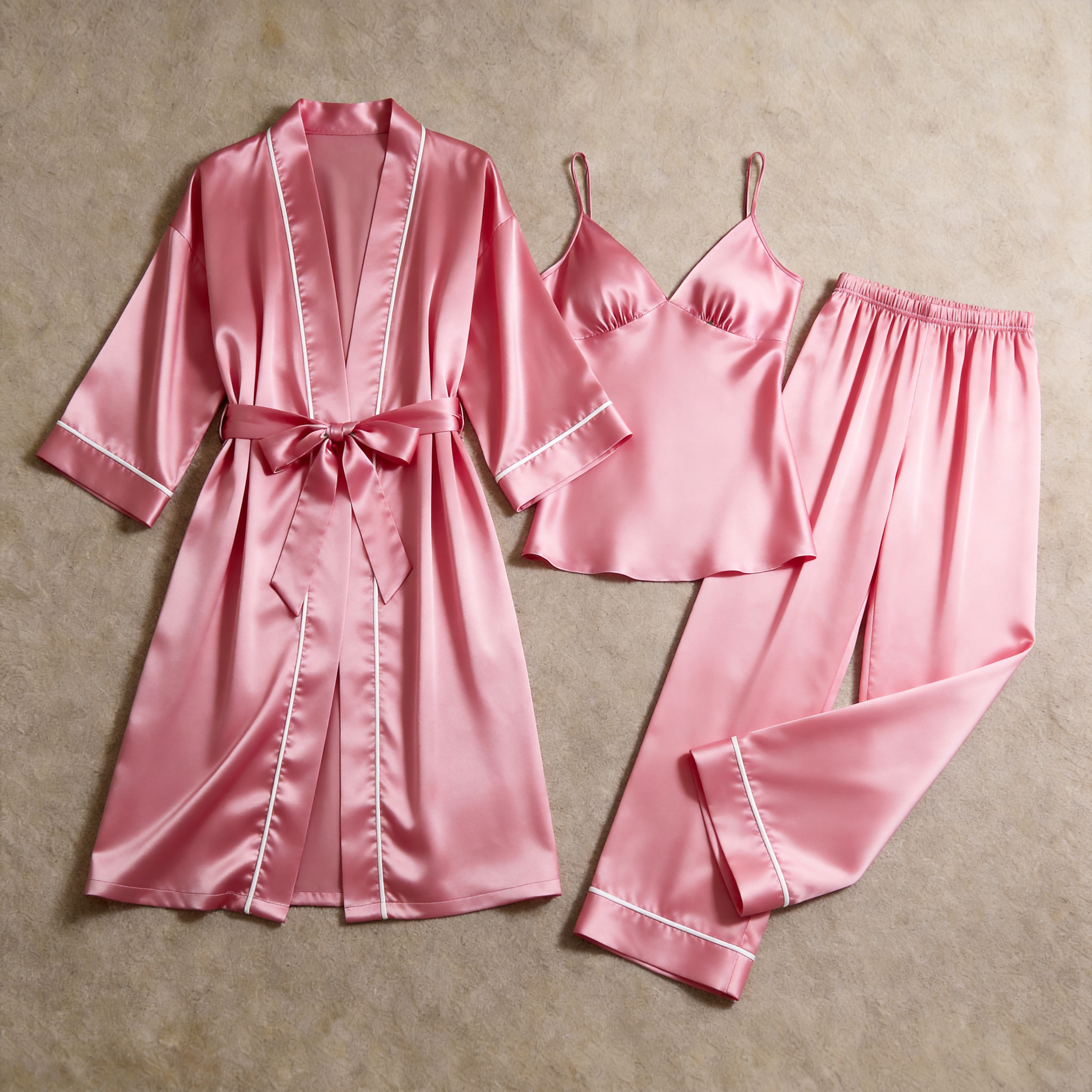 Solid Dusty Rose Silky Satin Sleepwear Set - Women's Cozy Camisole, Long Pants & Matching Robe