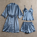 Solid Dusty Blue Satin 3-Piece Sleepwear Set for Women - Robe, Camisole & Shorts