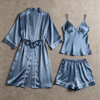 Solid Dusty Blue Satin 3-Piece Sleepwear Set for Women - Robe, Camisole & Shorts