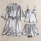 Solid Moonlight Silver Satin 3-Piece Sleepwear Set for Women - Robe, Camisole & Shorts