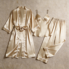 Women Solid Champagne Silky Satin Sleepwear Set - Cozy Camisole, Long Pants & Matching Robe