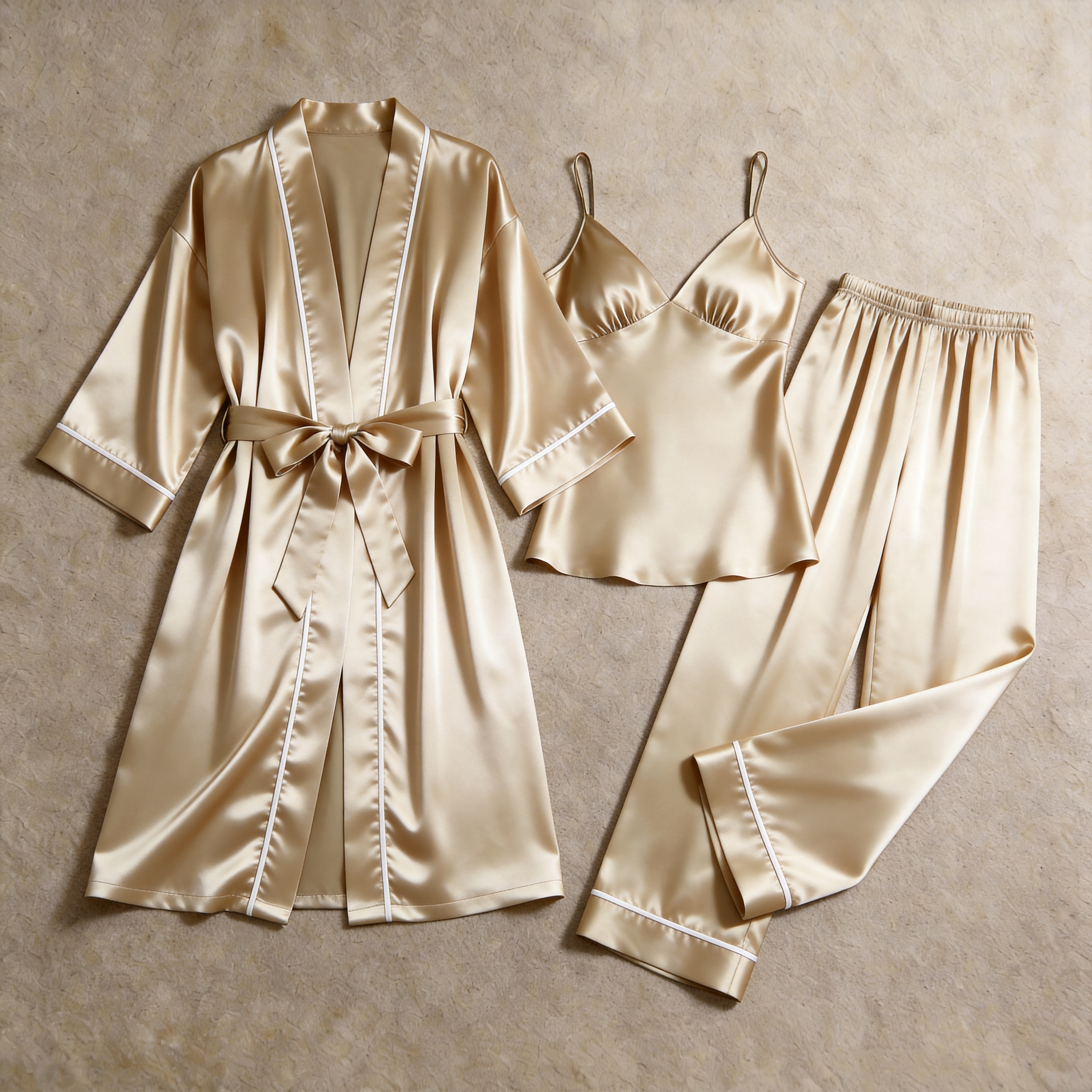 Women Solid Champagne Silky Satin Sleepwear Set - Cozy Camisole, Long Pants & Matching Robe