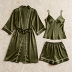 Solid Deep Olive Satin 3-Piece Sleepwear Set for Women - Robe, Camisole & Shorts
