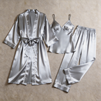 Solid Moonlight Silver Silky Satin Sleepwear Set - Women's Cozy Camisole, Long Pants & Matching Robe