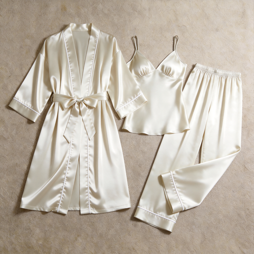 Solid Pearl White Silky Satin Sleepwear Set - Women's Cozy Camisole, Long Pants & Matching Robe