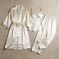 Solid Pearl White Silky Satin Sleepwear Set - Women's Cozy Camisole, Long Pants & Matching Robe