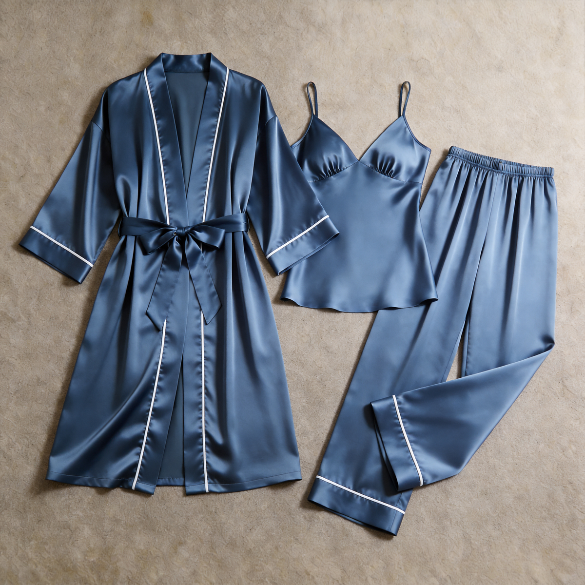 Solid Moonlight Silver Silky Satin Sleepwear Set - Women's Cozy Camisole, Long Pants & Matching Robe