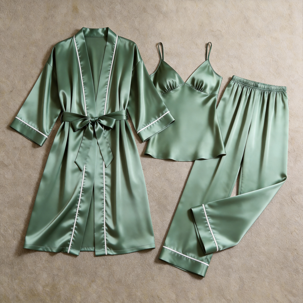 Solid Sage Green Silky Satin Sleepwear Set - Women's Cozy Camisole, Long Pants & Matching Robe