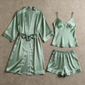 Solid Sage Green Satin 3-Piece Sleepwear Set for Women - Robe, Camisole & Shorts