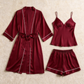 Solid Burgundy Satin 3-Piece Sleepwear Set for Women - Robe, Camisole & Shorts