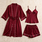 Solid Burgundy Satin 3-Piece Sleepwear Set for Women - Robe, Camisole & Shorts