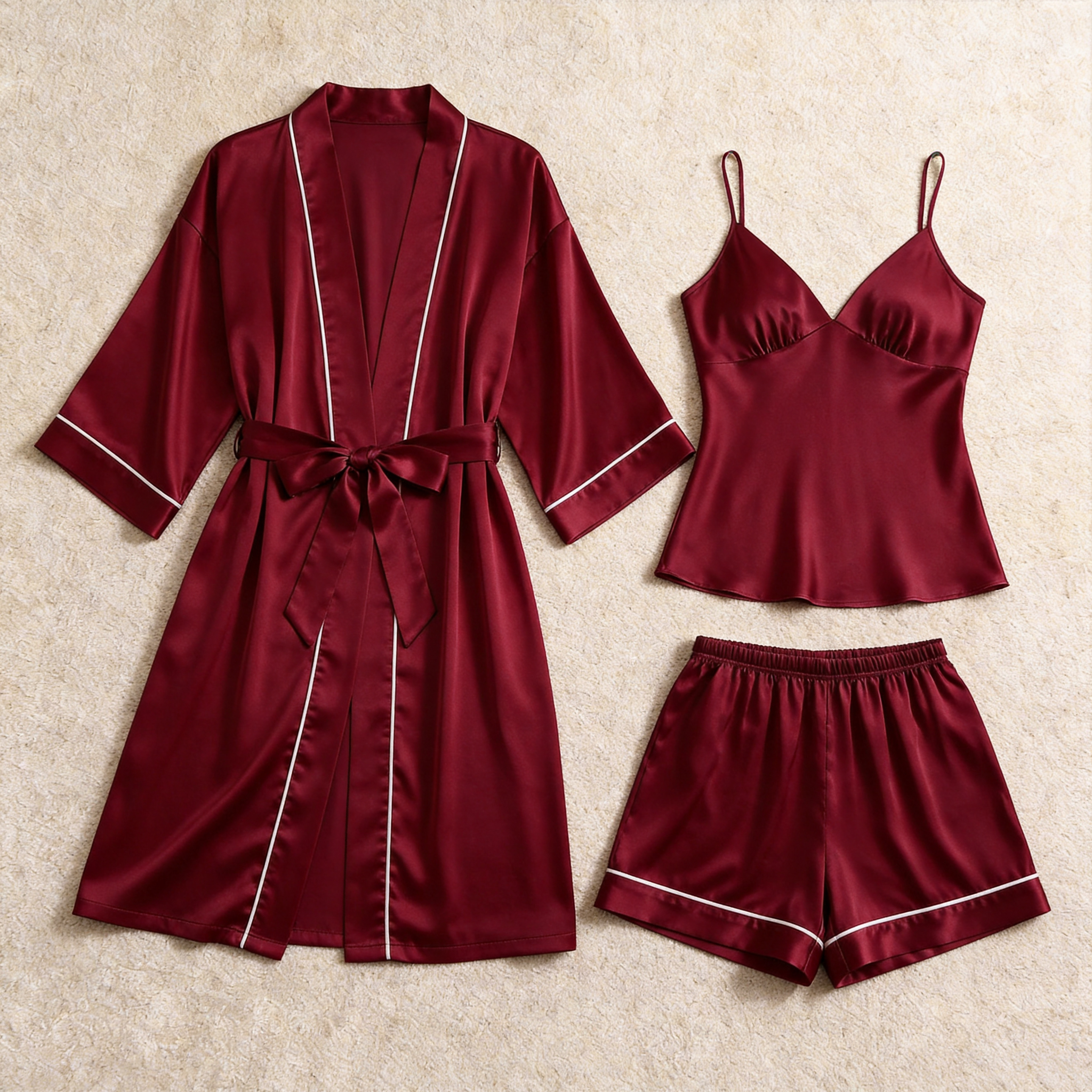 Solid Dusty Blue Satin 3-Piece Sleepwear Set for Women - Robe, Camisole & Shorts