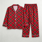 Premium Piping Button-Down Holiday Red Plaid Family Matching Loungewear