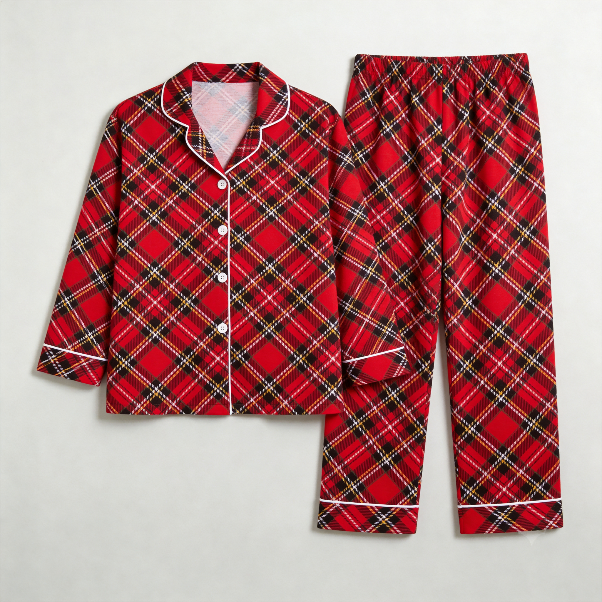 Premium Piping Button-Down Holiday Red Plaid Family Matching Loungewear
