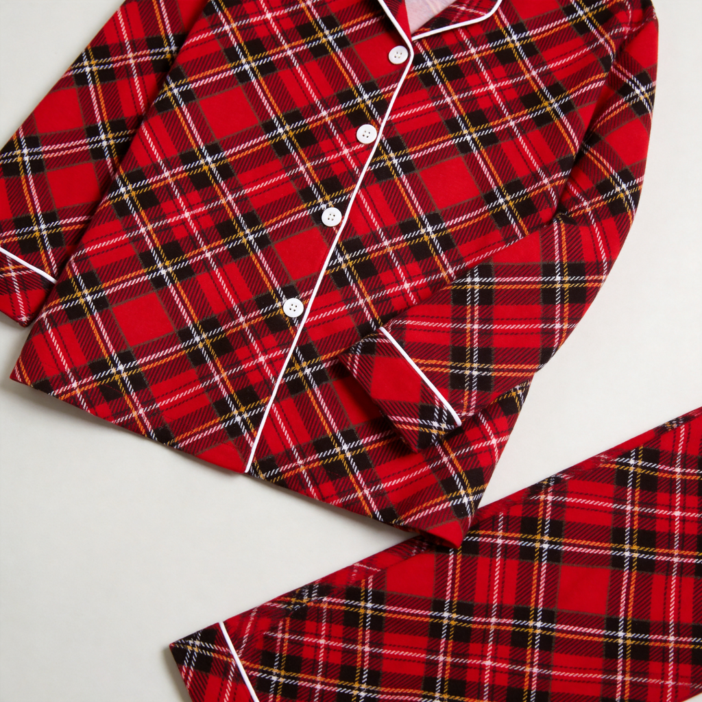 Premium Piping Button-Down Holiday Red Plaid Family Matching Loungewear