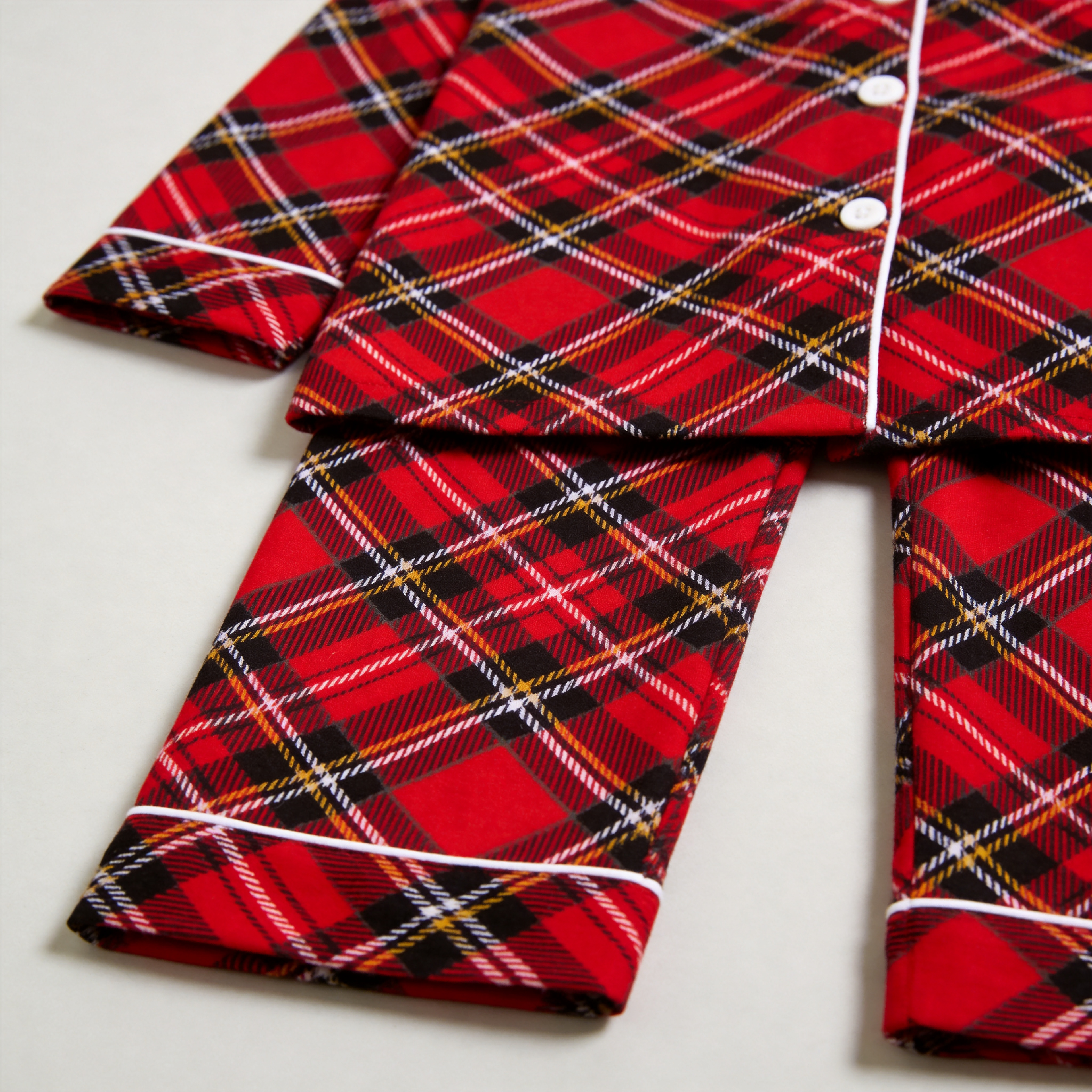 Premium Piping Button-Down Holiday Red Plaid Family Matching Loungewear