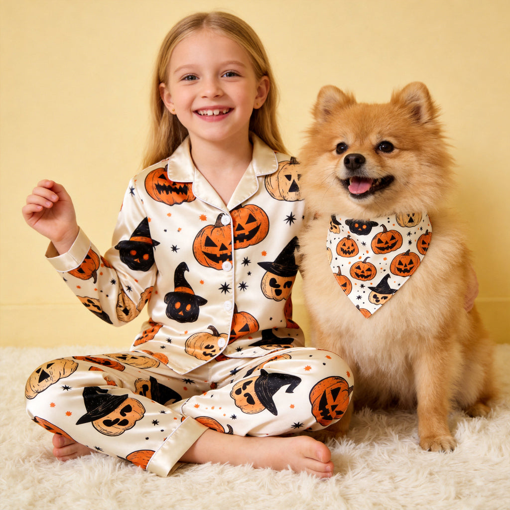 Cream Pumpkin & Witch Hat Print Satin Button-Up Family Halloween Pajamas Set