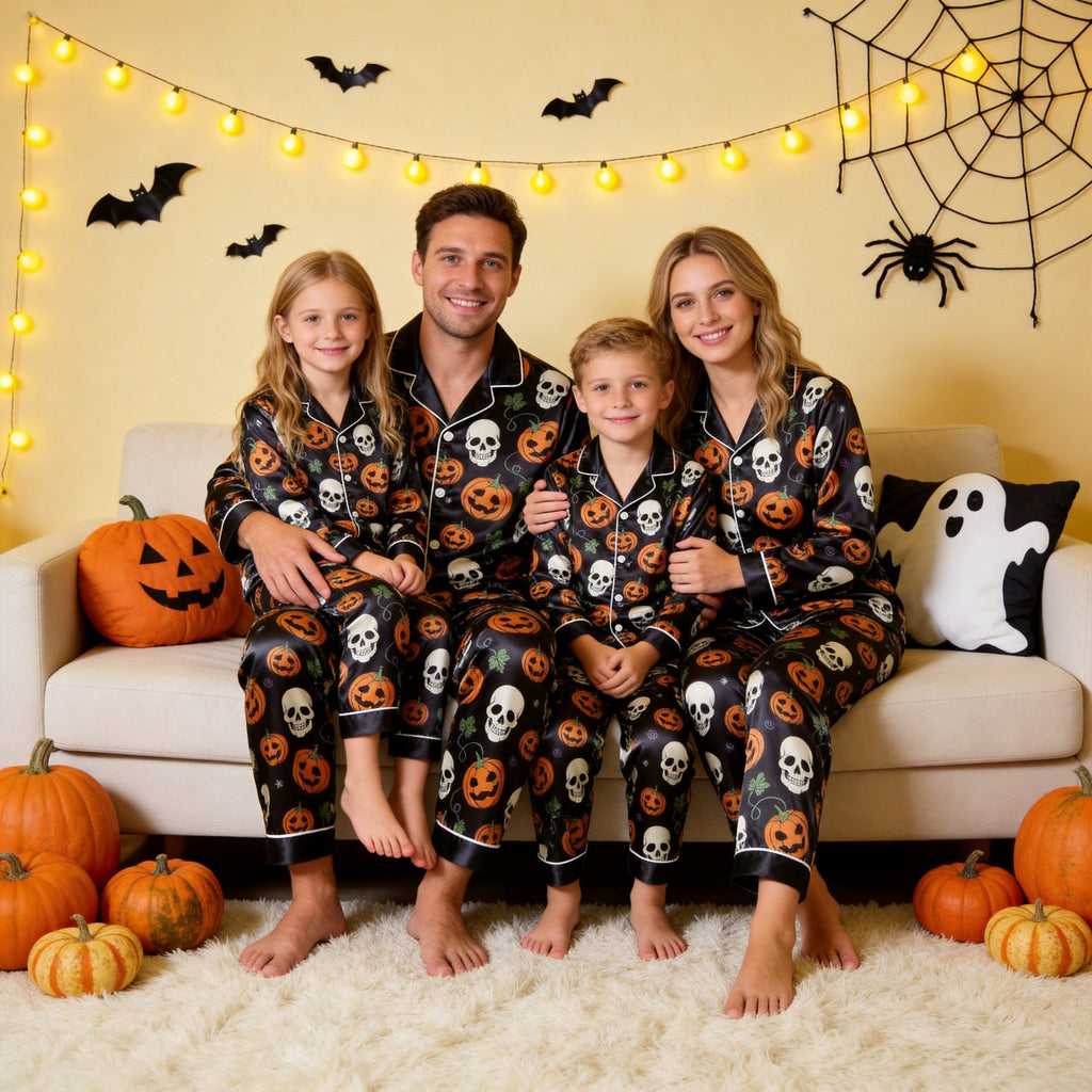 Black Skull & Pumpkin Print Satin Button-Up Family Halloween Pajamas Set
