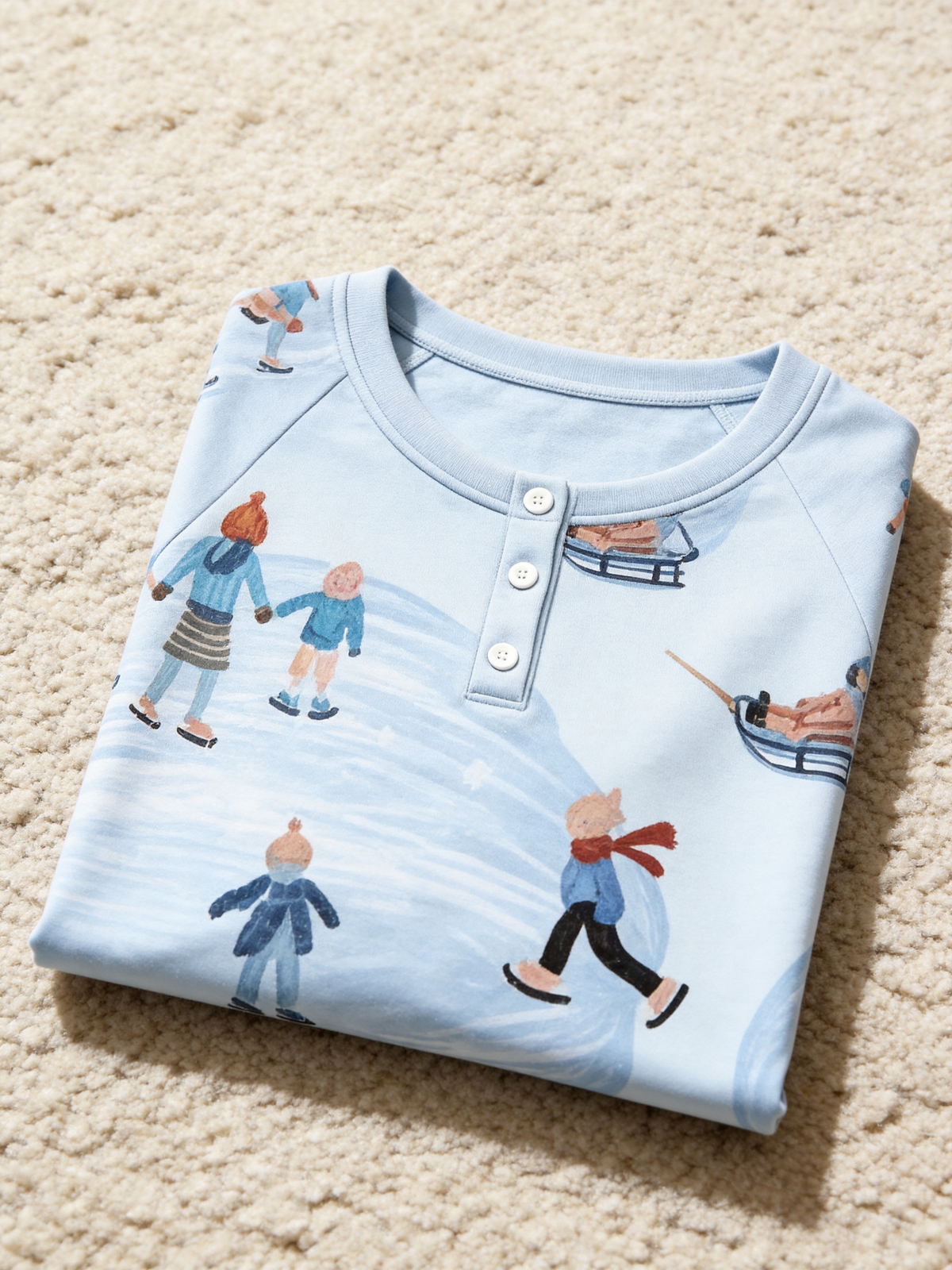 Whimsical Ice Skating Print Two-Piece Henley Neck Couple Matching PJs