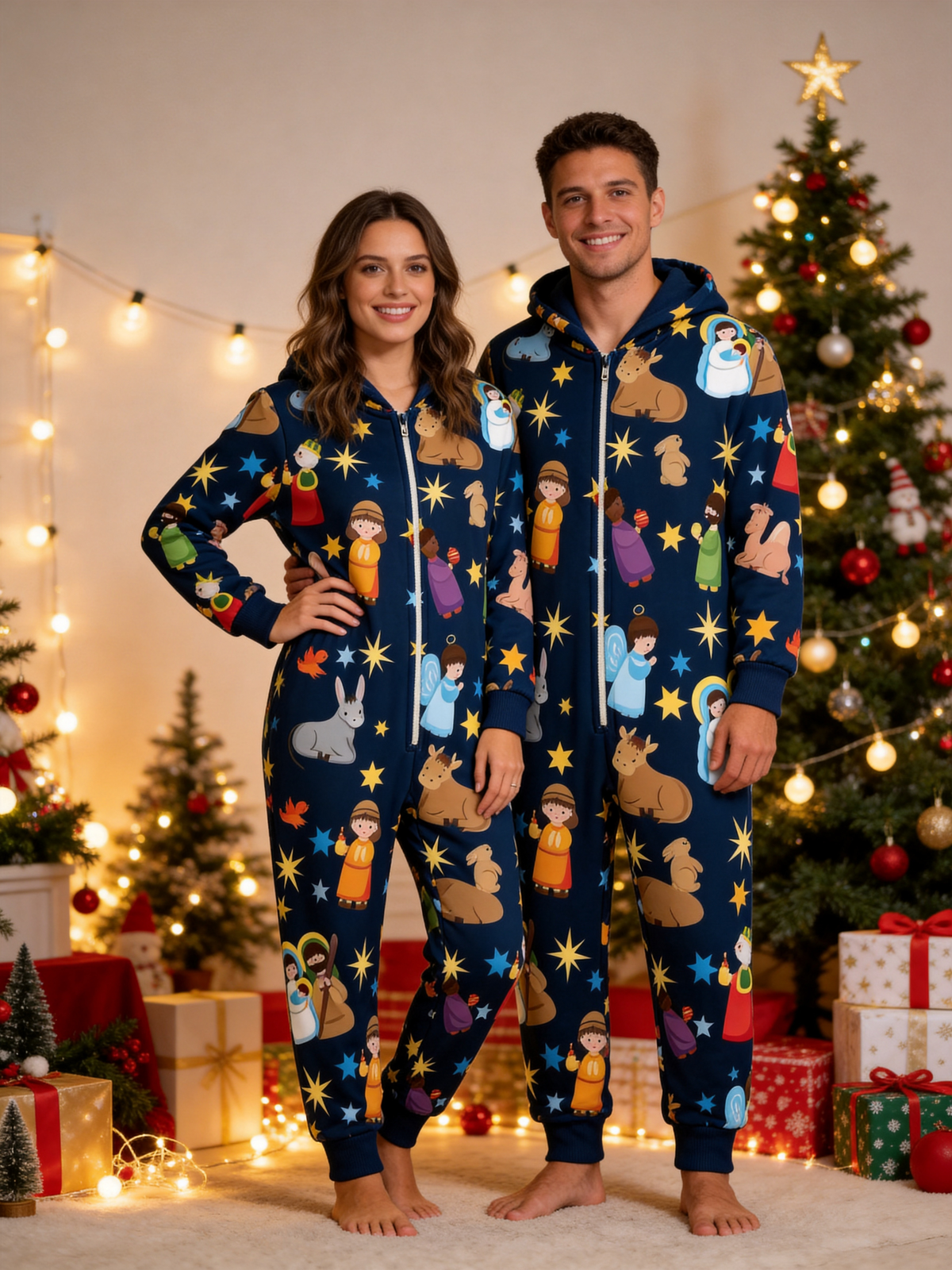 Nativity Scene Holy Night Navy Hooded Women Christmas Jumpsuit
