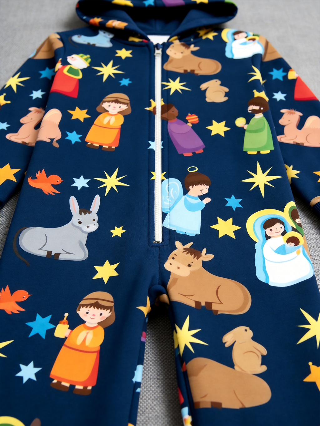 Nativity Scene Holy Night Navy Hooded Women Christmas Jumpsuit