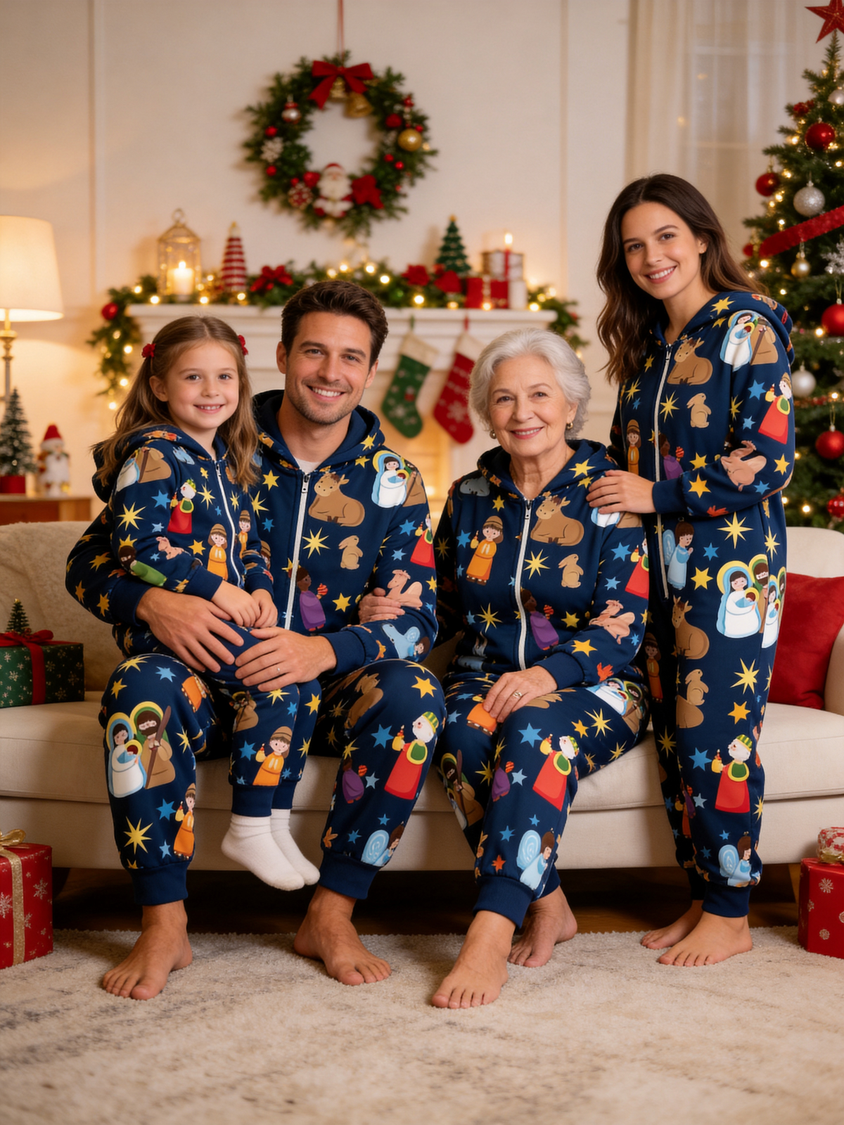 Nativity Scene Holy Night Navy Hooded Women Christmas Jumpsuit