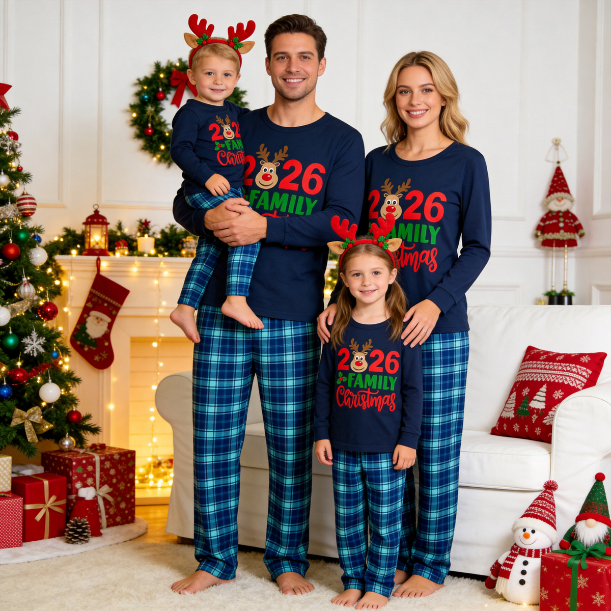 "2026 Family Christmas" Moose Letter Print Blue Plaid Christmas Matching Pajamas