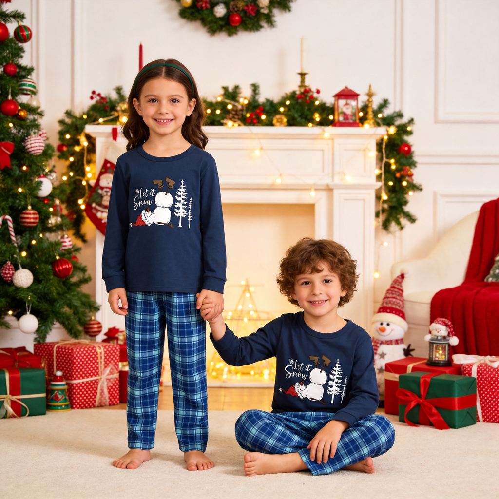 "Let it Snow" Slogan and Snowman Printed Blue Plaid Christmas Family Matching Pajamas